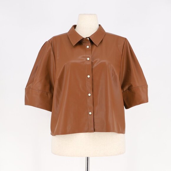 MAEVE ANTHROPOLOGIE Lantern-Sleeve Faux Leather Blouse Top Size XL - Picture 2 of 8